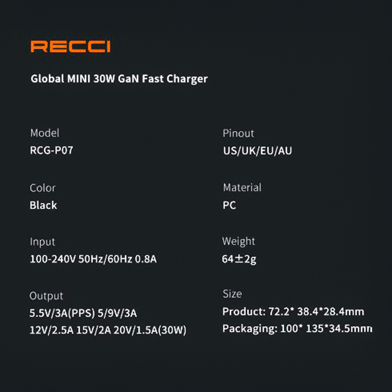 W 30 _ بحجم صغير ومساحة تخزين قابلة للطي Recci RCG-P07 شاحن