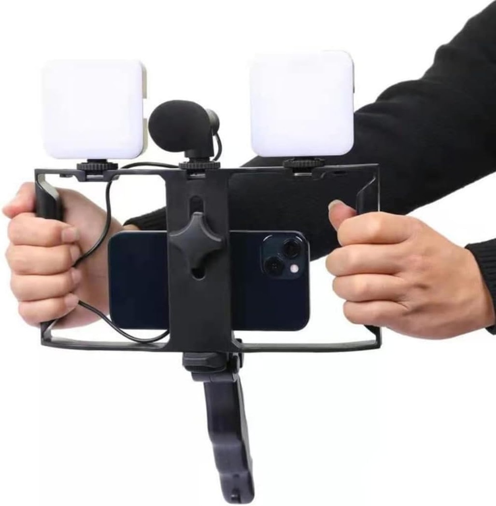 حامل موبايل ثلاثي القوائم بمقبضين مع مايك وإضاءة مزدوجة لتصوير فيديو احترافي
