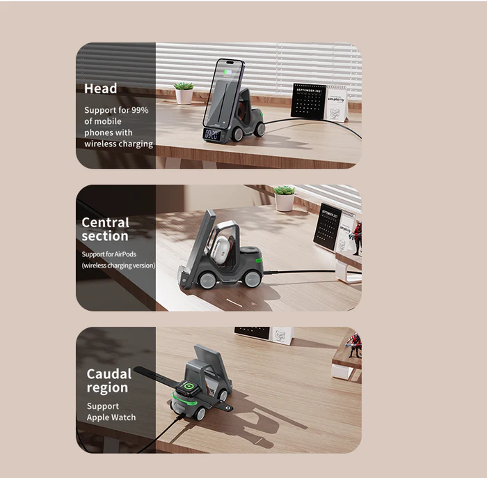 شاحن لاسلكي 5 *1 مع منبة وساعة  _ بقوة 15 واط