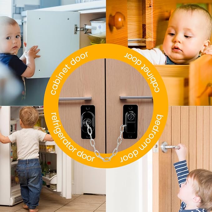 قفل أمان بسلسة معدن قابلة للتعديل  ومفتاح لغلق النوافذ والابواب