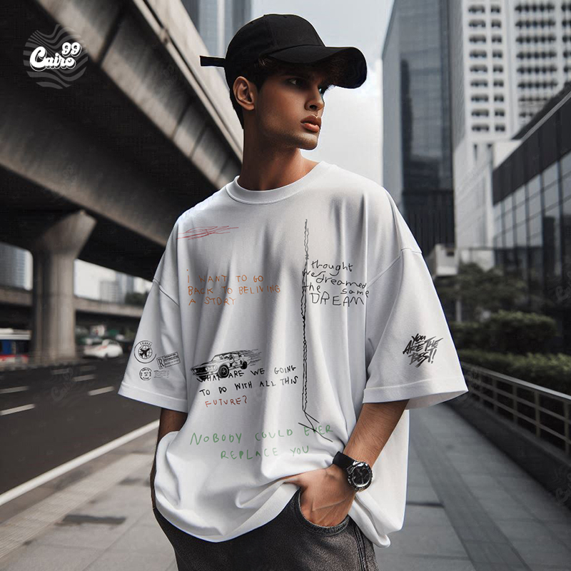 clist تيشيرت اوفر سايز قطن باللون الابيض للرجال