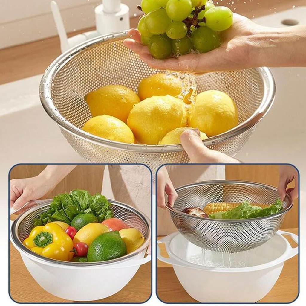 طبق بلاستيك بمصفاه ستاليس ستيل باللون الابيض-24 *10سم