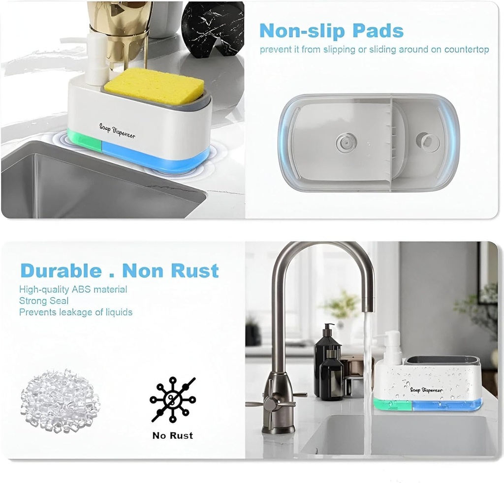 موزع صابون 2 فى 1 يدوى مع حامل إسفنجة مدمج بقاعدة اكليريك للمطبخ