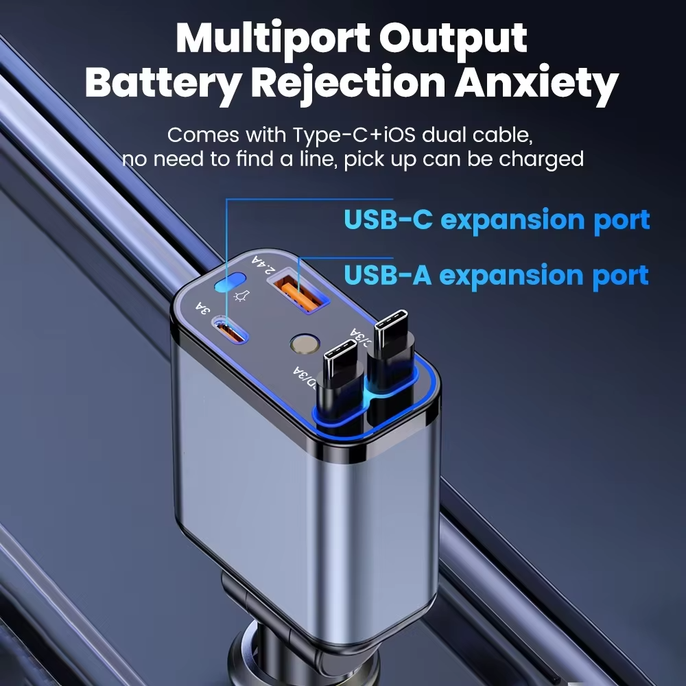 شاحن سيارة 4×1 مع ضوء ليد وكابلات قابلة للسحب ومنفذ يو اس بي _ 120 واط