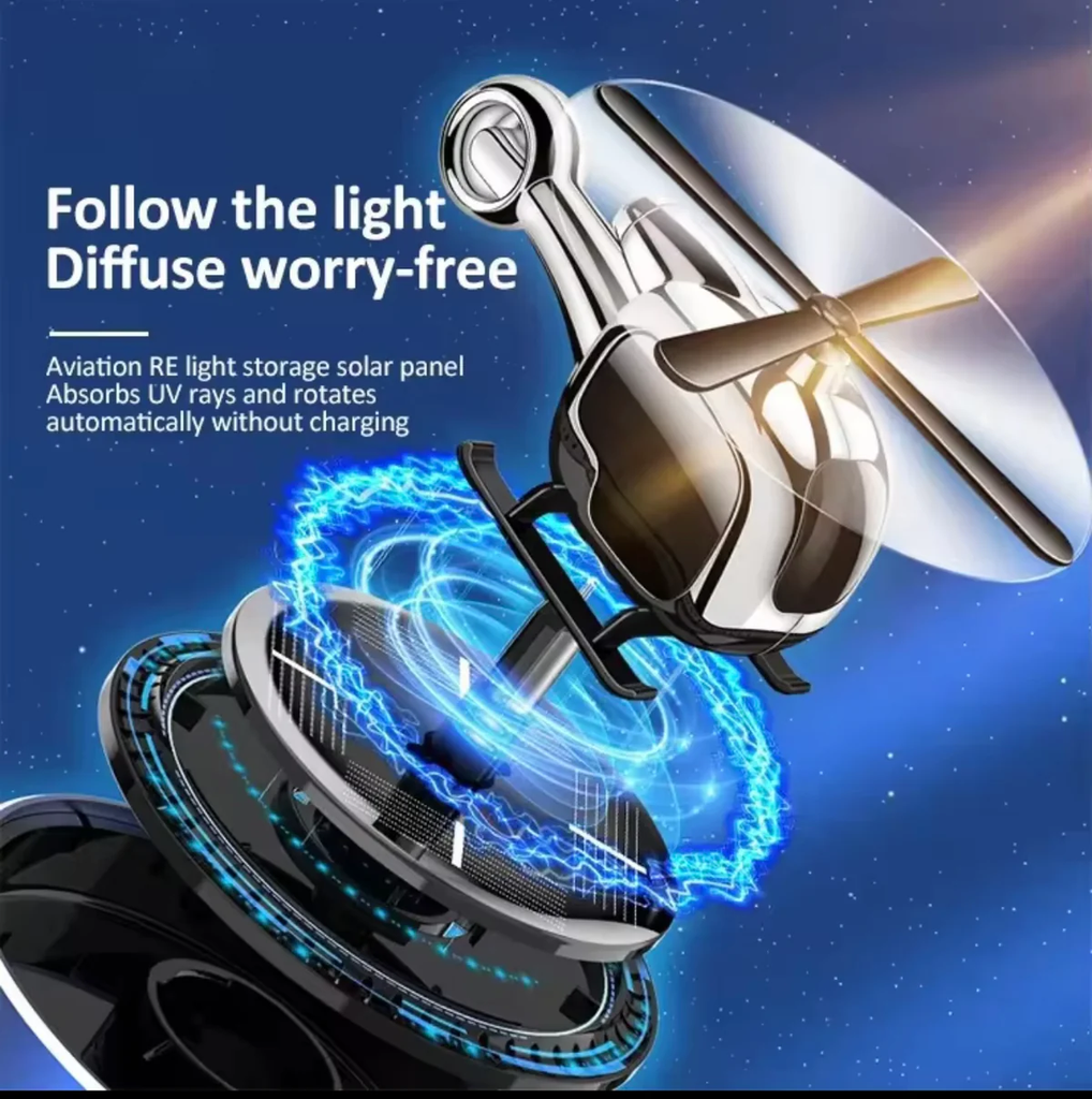 فواحة سيارة علي شكل طيارة مروحية تعمل بالطاقة الشمسية تثبت علي تابلوه السيارة