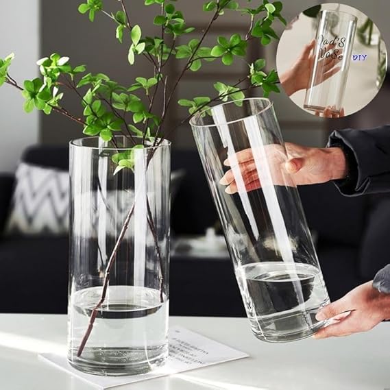 فازة زجاج شفاف بتصميم أسطواني الشكل مقاس 13 * 26 سم