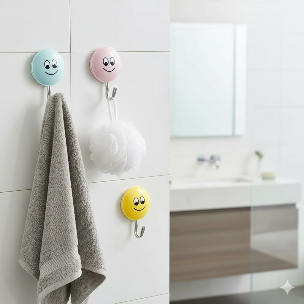 طقم هوك لاصق 2 قطعة شكل سمايل فيس لتعليق المفاتيح والكابات