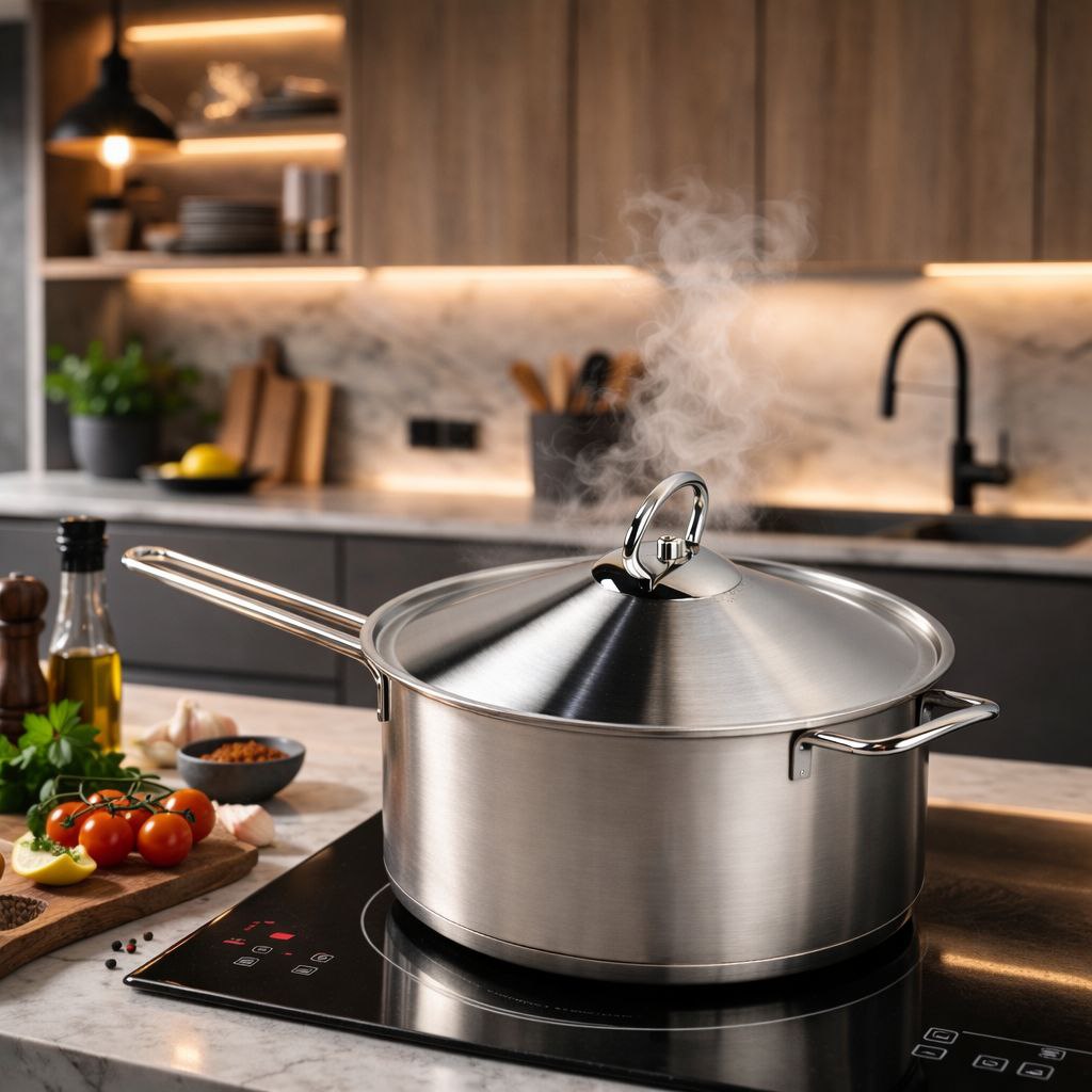 كسرولة استانلس ستيل تركي بغطاء ويد لسهولة الحمل مقاس 22سم