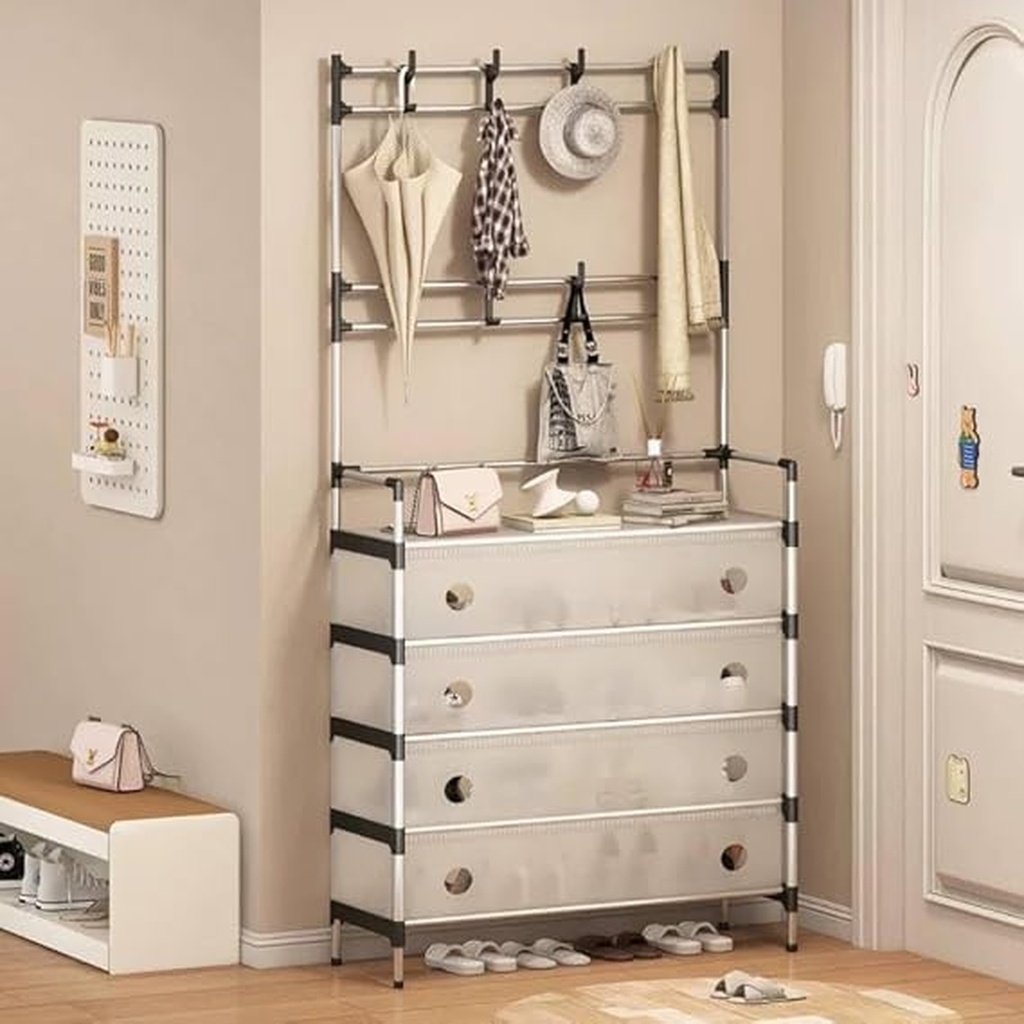 جزامة بـ 4 أرفف لتنظيم الاحذاية مع 8 هوكات لتعليق الشنط والكابات والشماسات