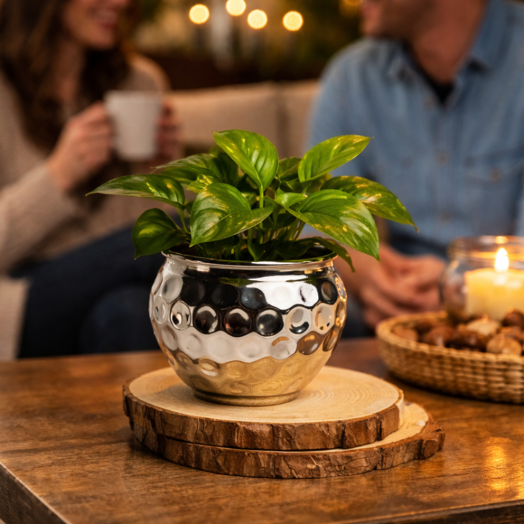 اصيص زرع وحامل شموع نحاس تصميم خليه نحل - باللون الفضي