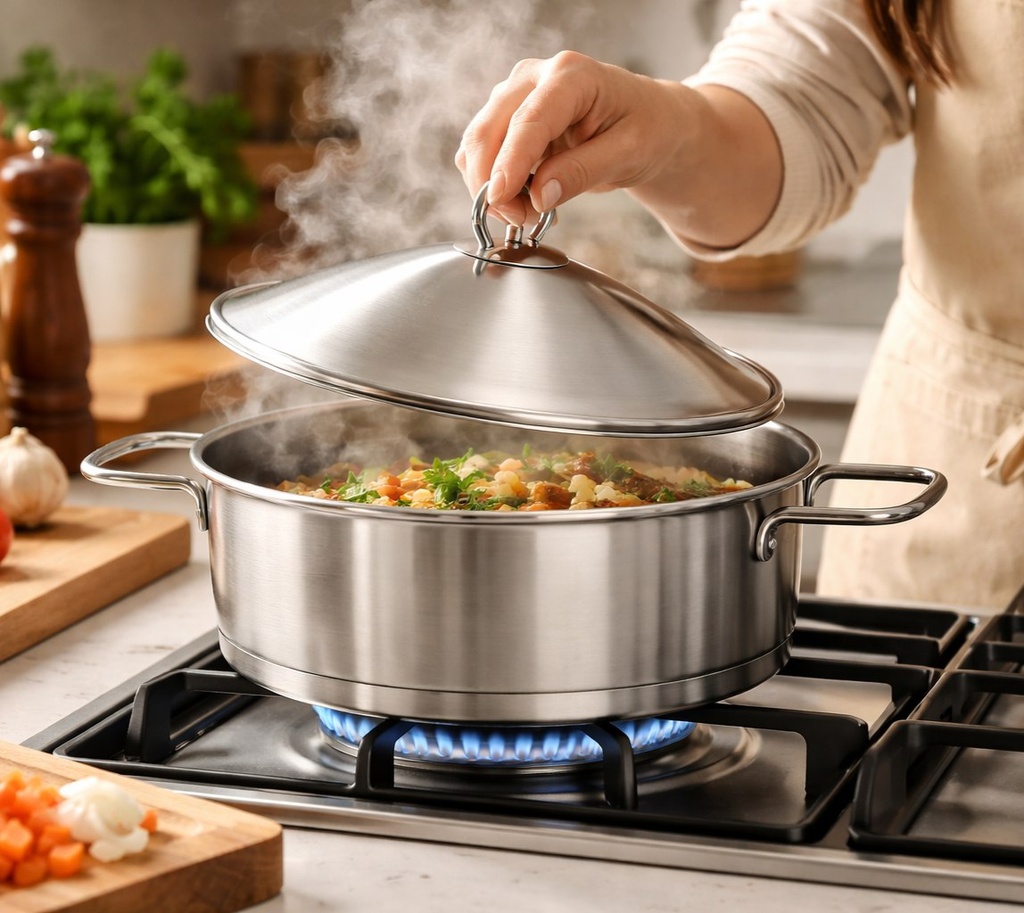 طاجن استانلس ستيل تركي دائري الشكل بغطاء ويدين لسهولة الحمل مقاس 24