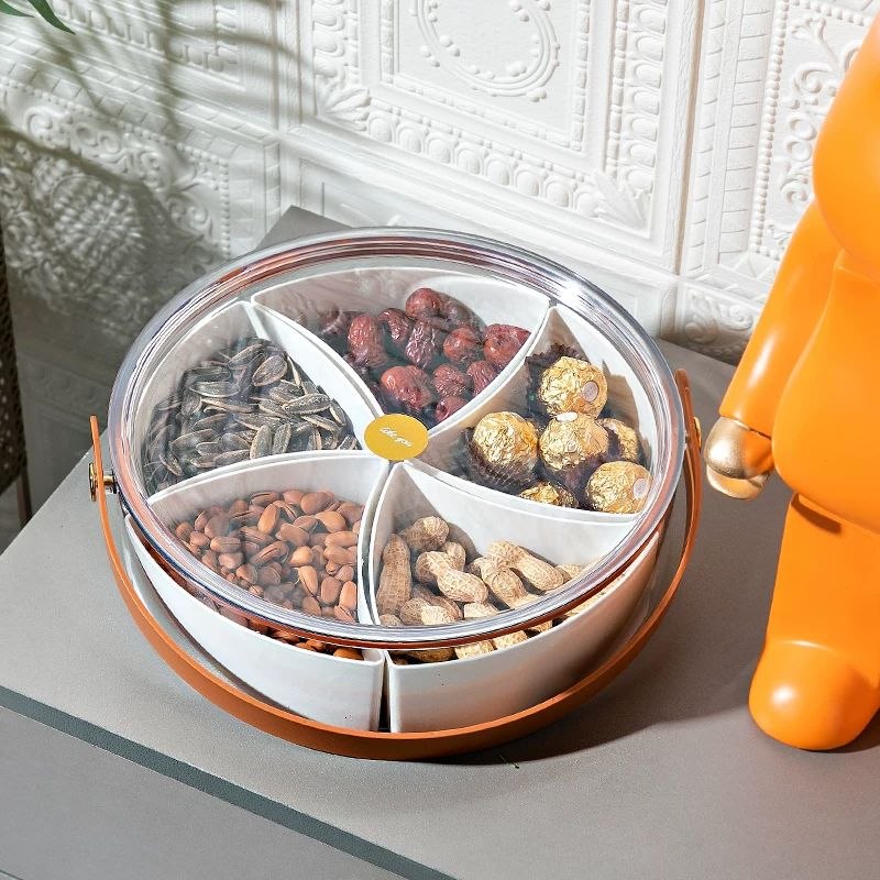 علبة تسالي اكريليك شفاف ب5 خانات بغطاء ويد من الجلد لتقديم الحلويات والمكسرات