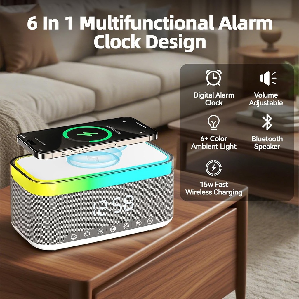سبيكر بلوتوث  6 * 1 مع شاحن لاسلكي وساعة ومنبه وراديو بإضاءة ليد 7 ألوان مختلفة