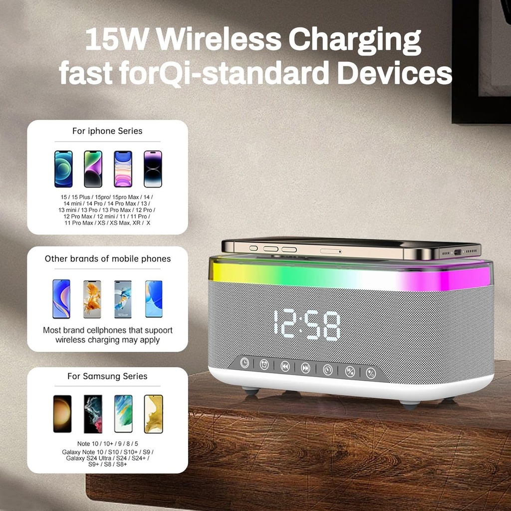 سبيكر بلوتوث  6 * 1 مع شاحن لاسلكي وساعة ومنبه وراديو بإضاءة ليد 7 ألوان مختلفة