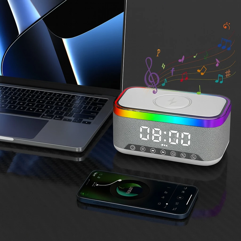 سبيكر بلوتوث  6 * 1 مع شاحن لاسلكي وساعة ومنبه وراديو بإضاءة ليد 7 ألوان مختلفة