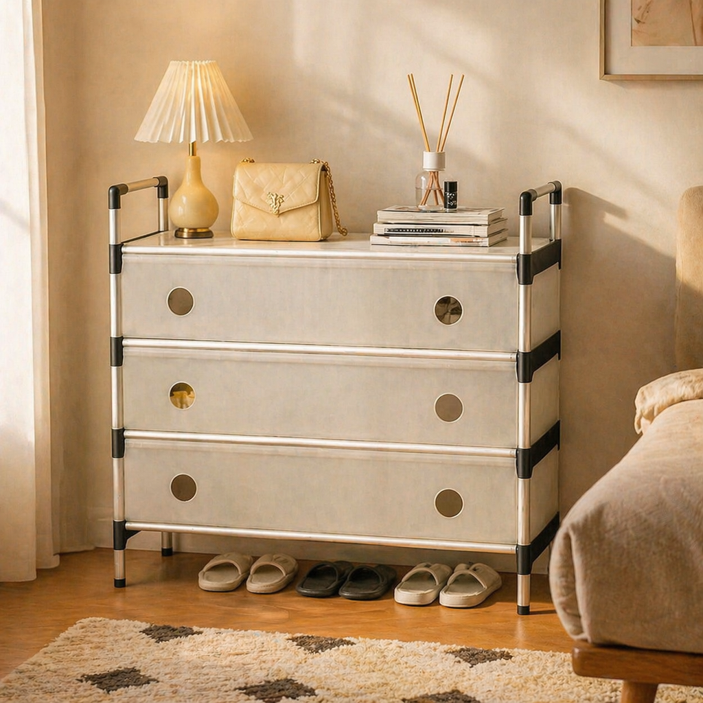 جزامة 3 أرفف بقوائم معدن مع غطاء لحماية الأحذية من الأتربة