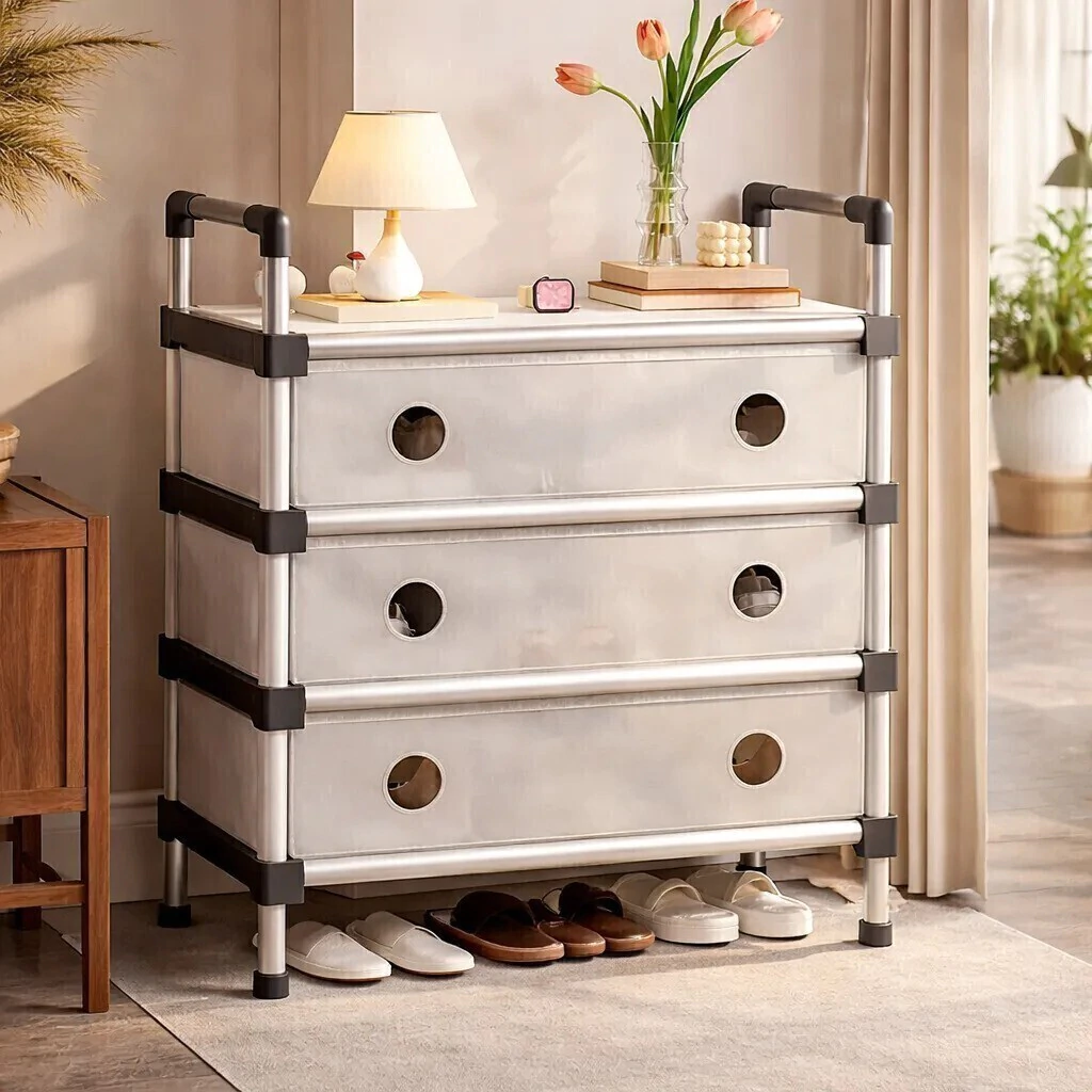 جزامة 3 أرفف بقوائم معدن مع غطاء لحماية الأحذية من الأتربة