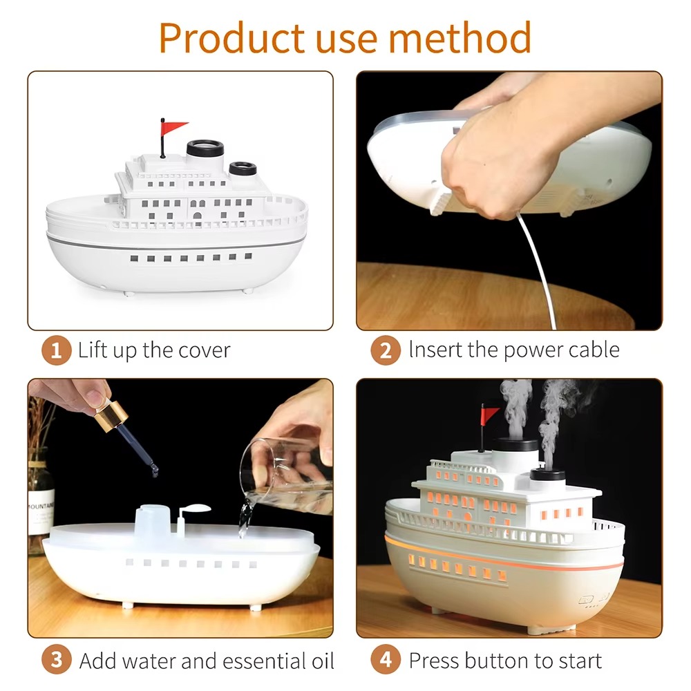 فواحة مضيئة علي شكل باخرة بخزان 300 ملي لتعطير المنزل ب 7 إضاءات مختلفة
