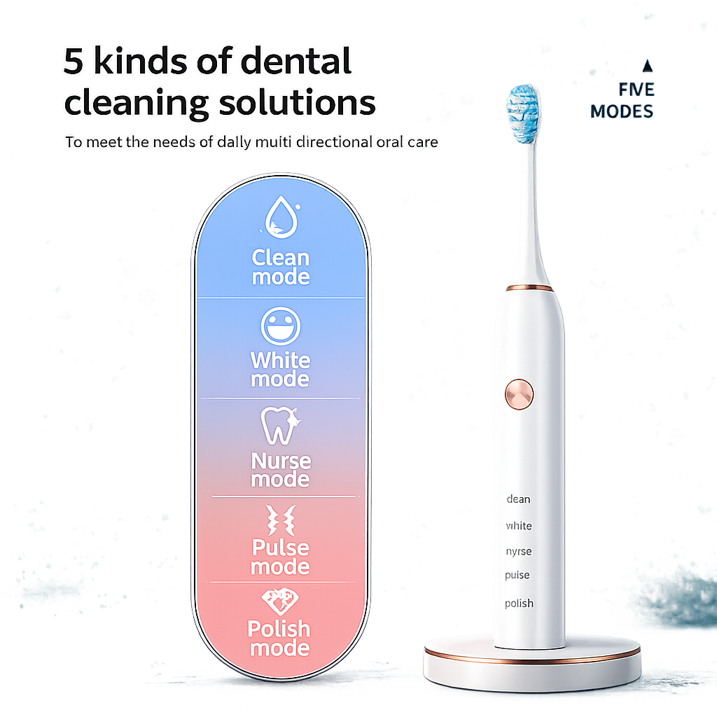 فرشاة أسنان كهربائية بتقنية الاهتزاز حتي 40000 ذبذبة 5 أوضاع مع 4 رؤوس قابلة لاعادة الشحن