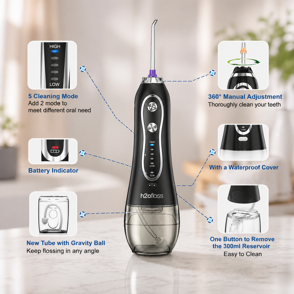 جهاز تنظيف الأسنان المائي لاسلكي ب 5 مستويات ضغط بسعة 240 ملي