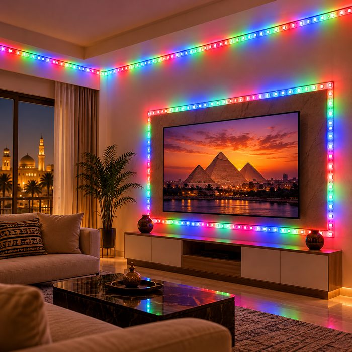 شريط ليد RGB متعدد الألوان بطول 5 متر مع ريموت كنترول ولاصق دبل فيس