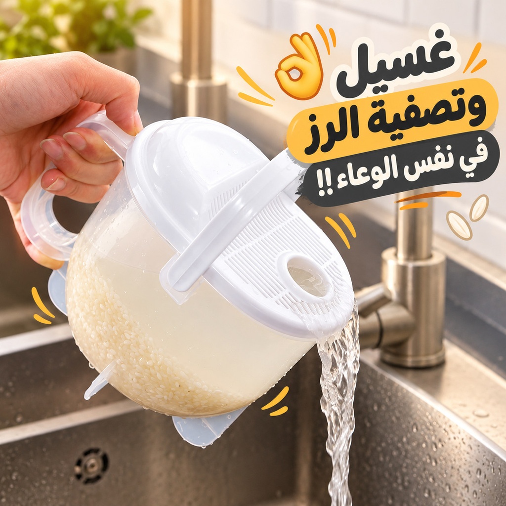 مصفاه غسيل الرز والبقوليات 1 لتر بغطاء قابل للفك ويد لسهولة الأستخدام من البلاستيك