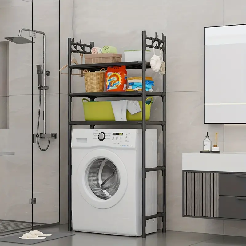 استاند منظم وحامل ادوات الحمام فوق الغسالة 3 دور مع هوكات جانبية لتعليق الفوط والليف