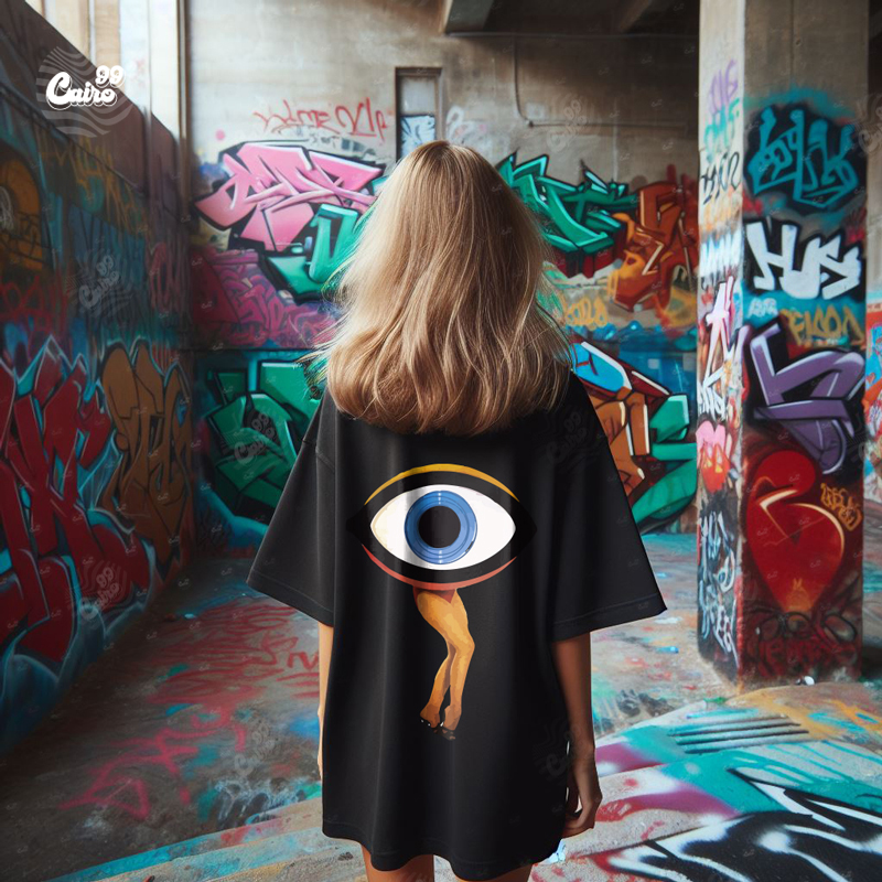 Blue Eye تيشيرت اوفر سايز قطن باللون الاسود