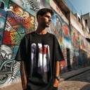 landscape print تيشيرت اوفر سايز قطن باللون الاسود للرجال