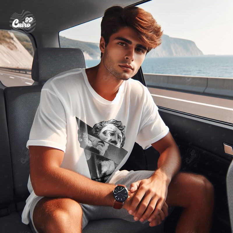 David Statue  تيشيرت اوفر سايز قطن باللون الابيض للرجال