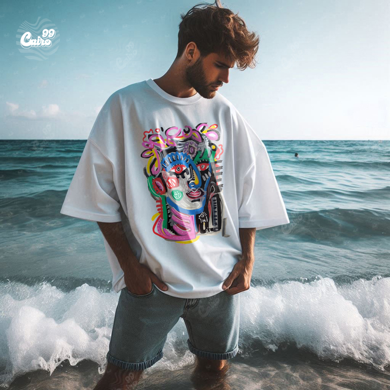 Wild Face تيشيرت اوفر سايز قطن باللون الابيض للرجال