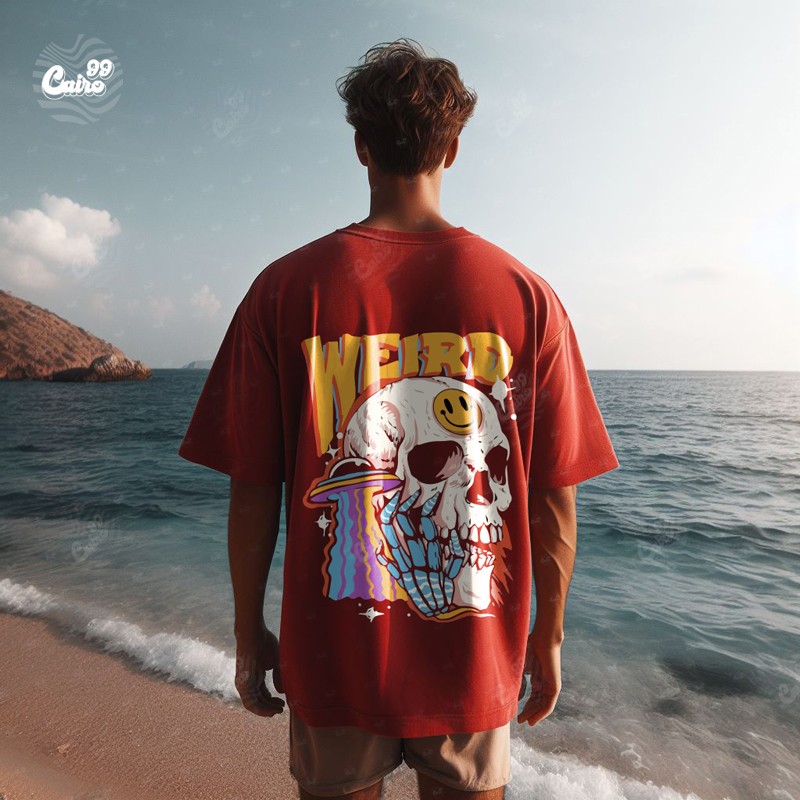Weird  تيشيرت اوفر سايز قطن باللون الاحمر  للرجال