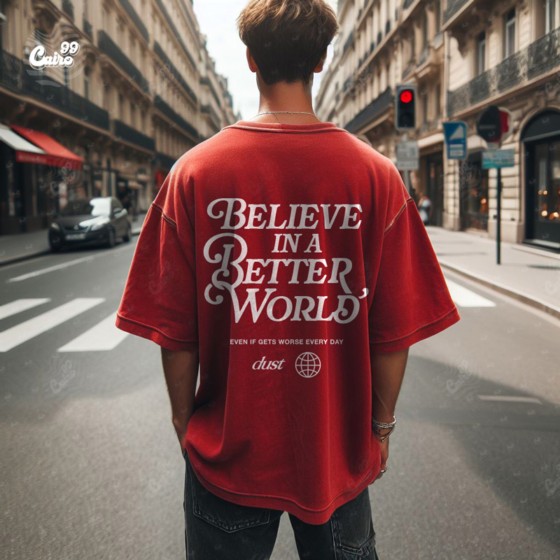 Believe In A Better Worldتيشيرت اوفر سايز قطن باللون الاحمر للرجال