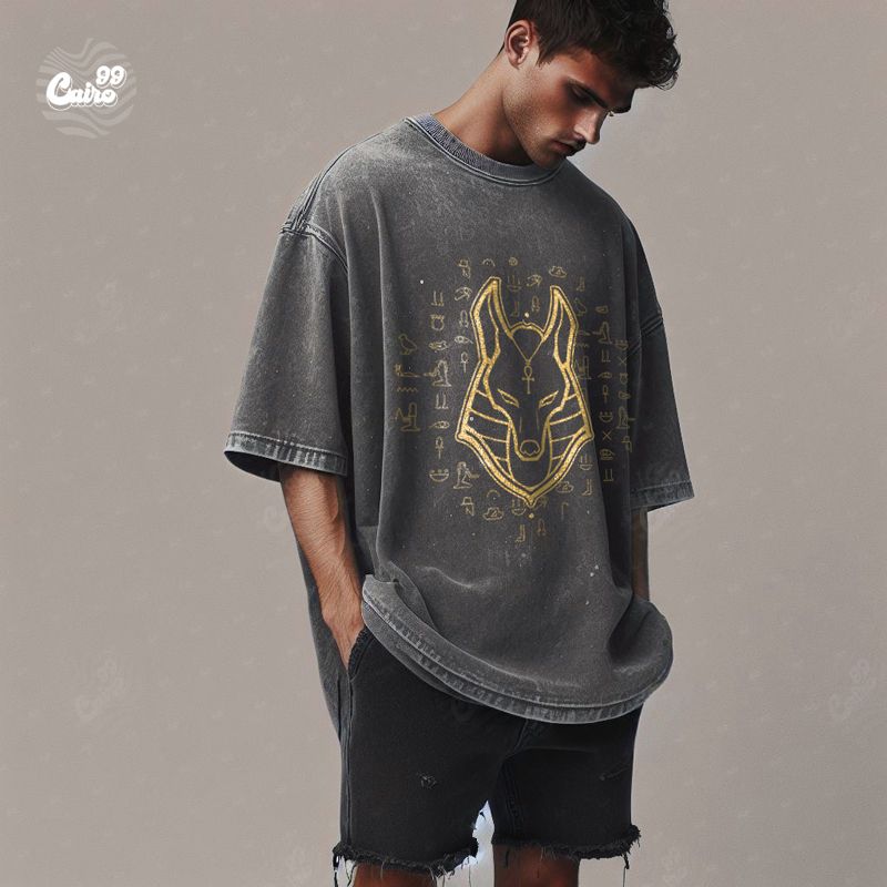 Golden Anubis تيشيرت اوفر سايز قطن باللون الرمادي للرجال