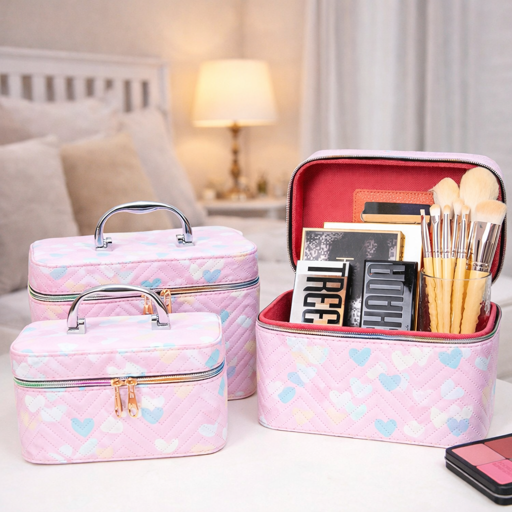 مجموعة شنط جلد 3 قطع بماقسات مختلفة لتنظيم وحمل الميك اب مزينة بقلوب