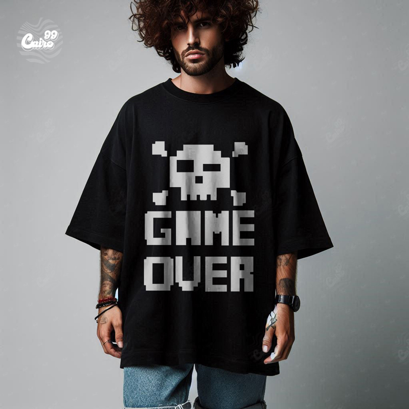 Game Over تيشيرت اوفر سايز قطن باللون الاسود للرجال