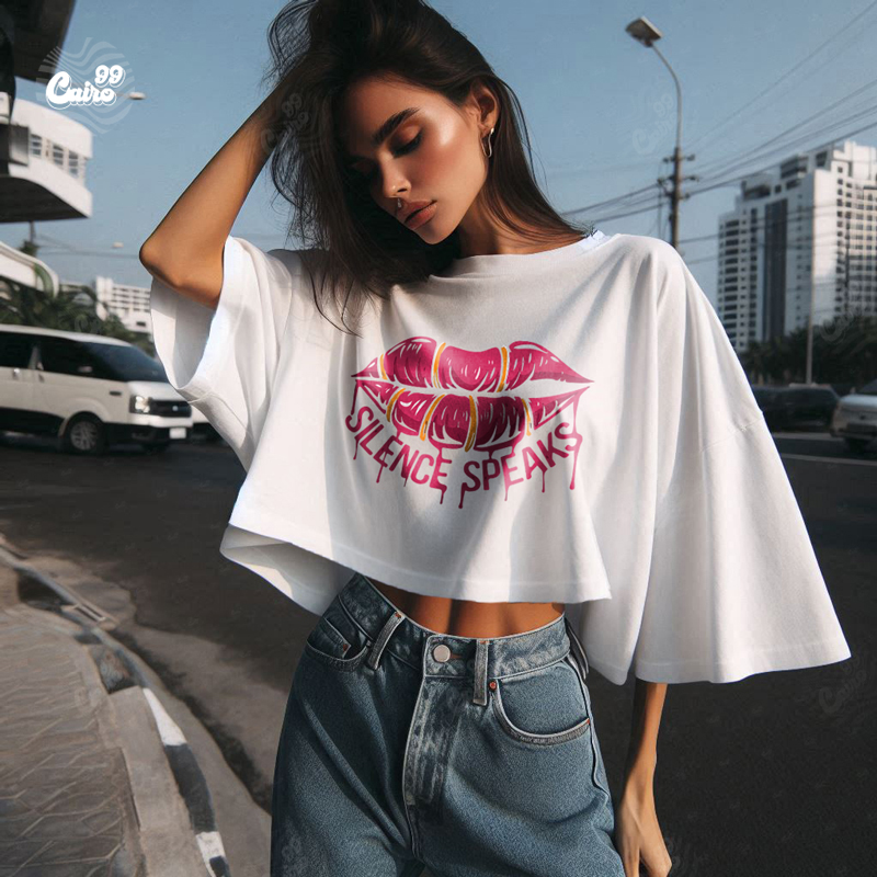 Silence Speaks كروب توب اوفر سايز قطن باللون الأبيض