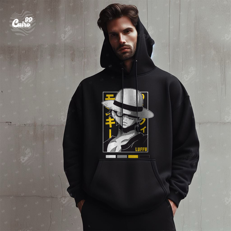 Luffy هودي اوفر سايز قطن باللون الأسود