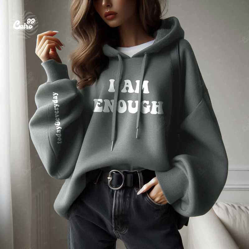 I am Enough هودي اوفر سايز قطن  باللون الرمادي  