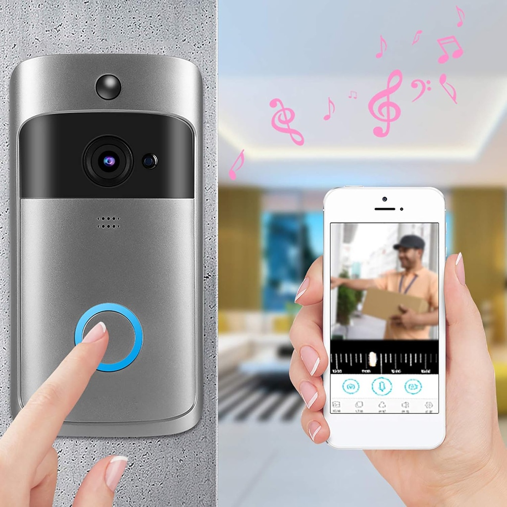 جرس باب لاسلكي بكاميرا يعمل بالواي فاي مع صوت ثنائي الاتجاه لامان المنزل