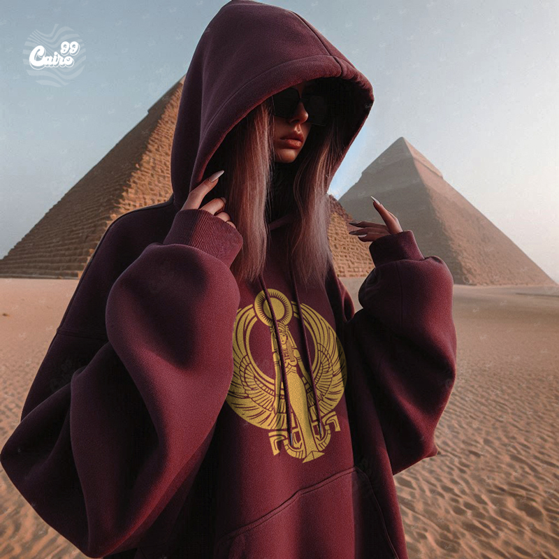 Golden Isis Wings هودي اوفر سايز قطن للنساء باللون النبيتي