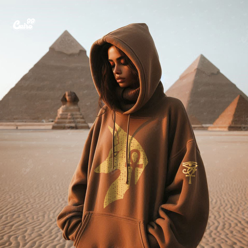 Key Of Life Ankh هودي اوفر سايز قطن للنساء باللون البني