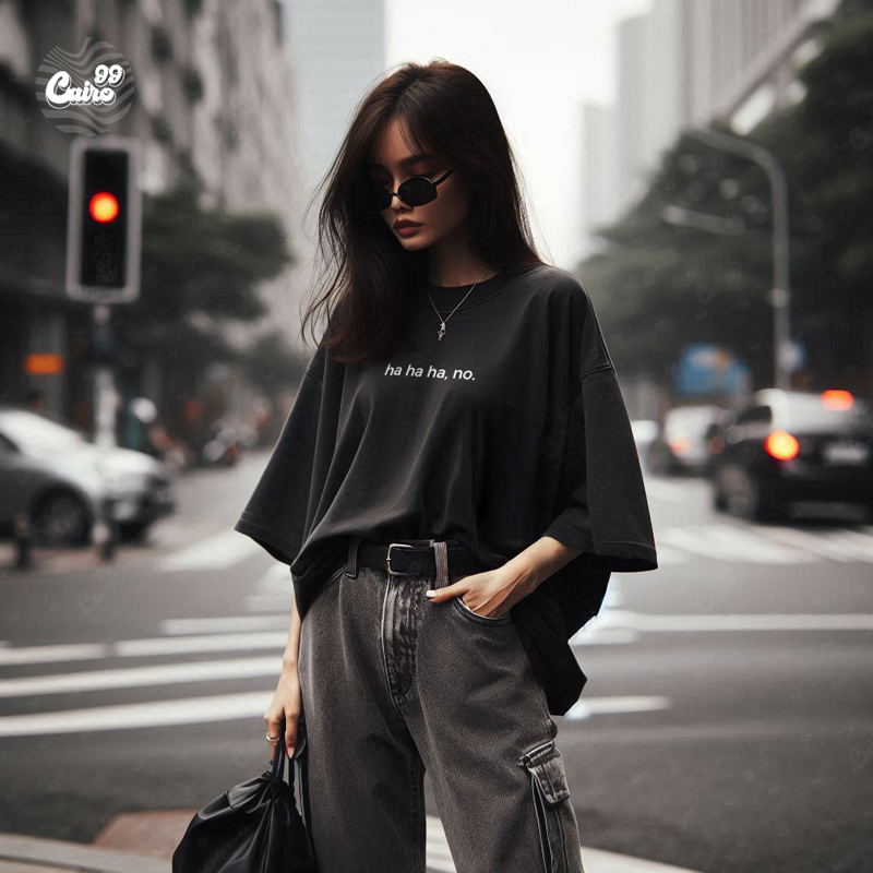 Ha Ha Ha, No. تيشيرت اوفر سايز قطن باللون الاسود للنساء
