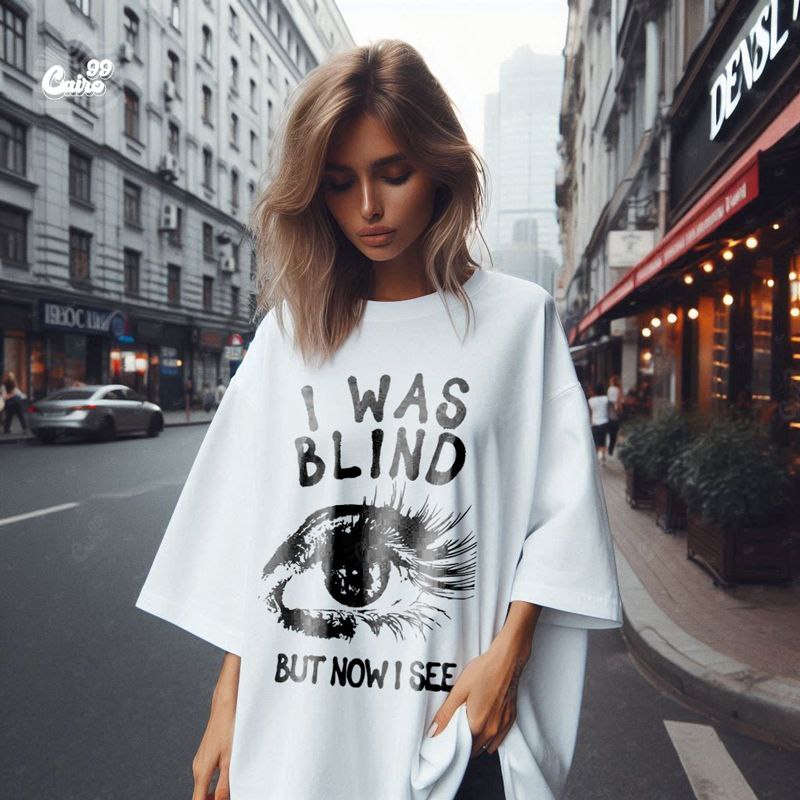 I Was Blind But Now I See تيشيرت اوفر سايز قطن باللون الابيض للنساء