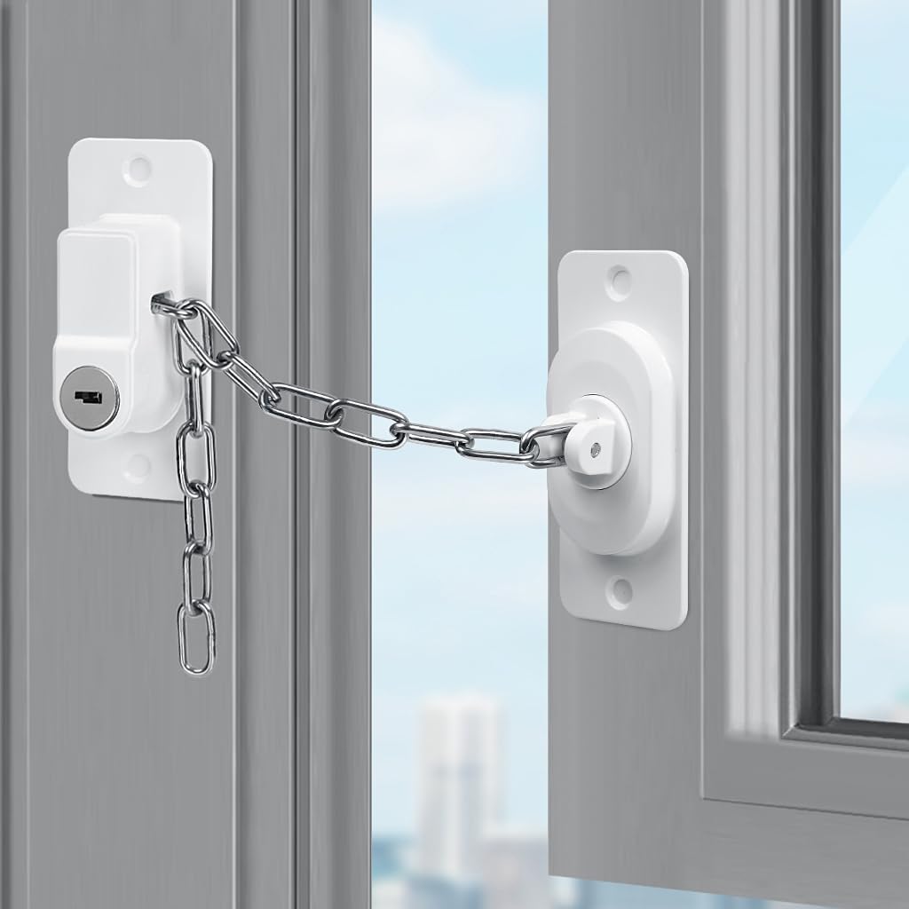 قفل أمان بسلسة معدن قابلة للتعديل ومفتاح لغلق النوافذ والابواب