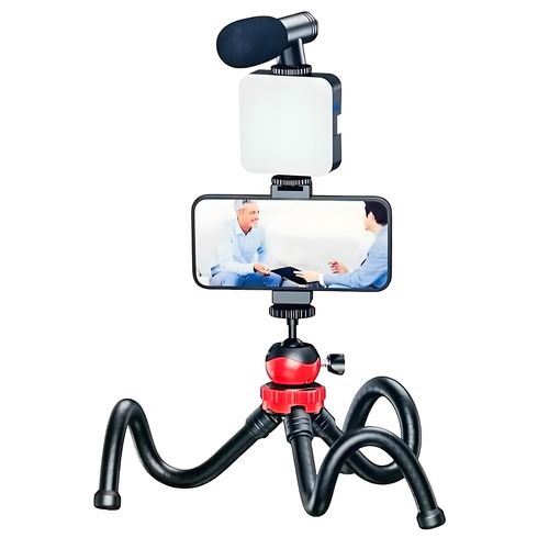 ترايبود بحامل ثلاثي مرن بتصميم اخطبوطي برأس كروية تدور 360 درجة مع مايك وإضاءة للتصوير