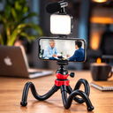 ترايبود بحامل ثلاثي مرن بتصميم اخطبوطي برأس كروية تدور 360 درجة مع مايك وإضاءة للتصوير