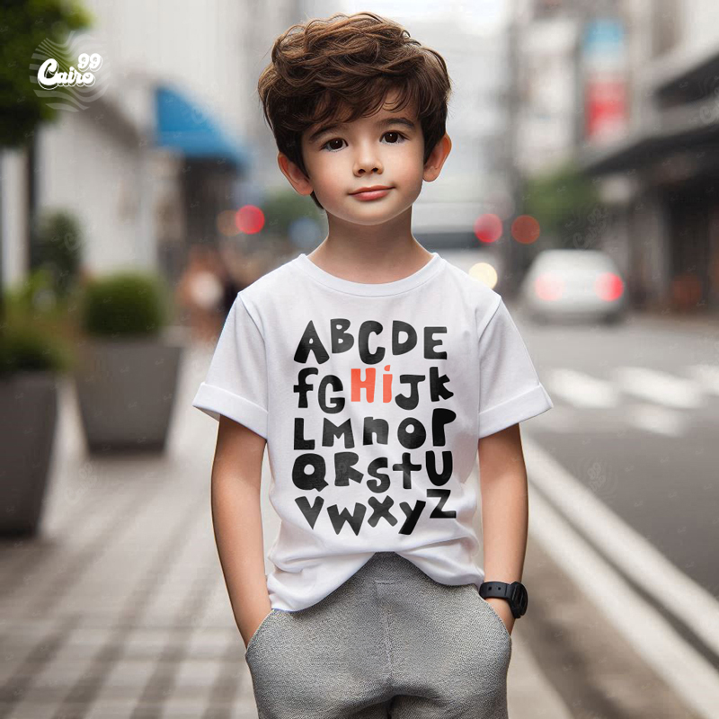 Alphabet Hi تيشيرت اطفال قطن باللون الابيض