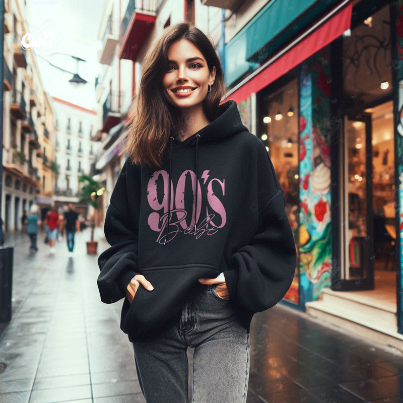 90's هودي اوفر سايز قطن للنساء باللون الاسود