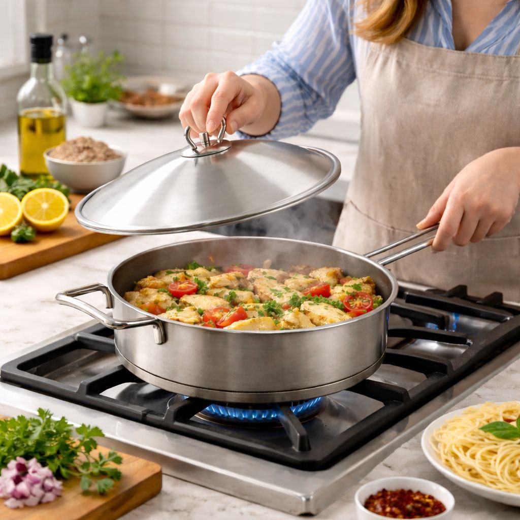 طاسة استانلس ستيل تركي بغطاء ومقبض يد لسهولة الحمل مقاس 24سم 2.80 لتر